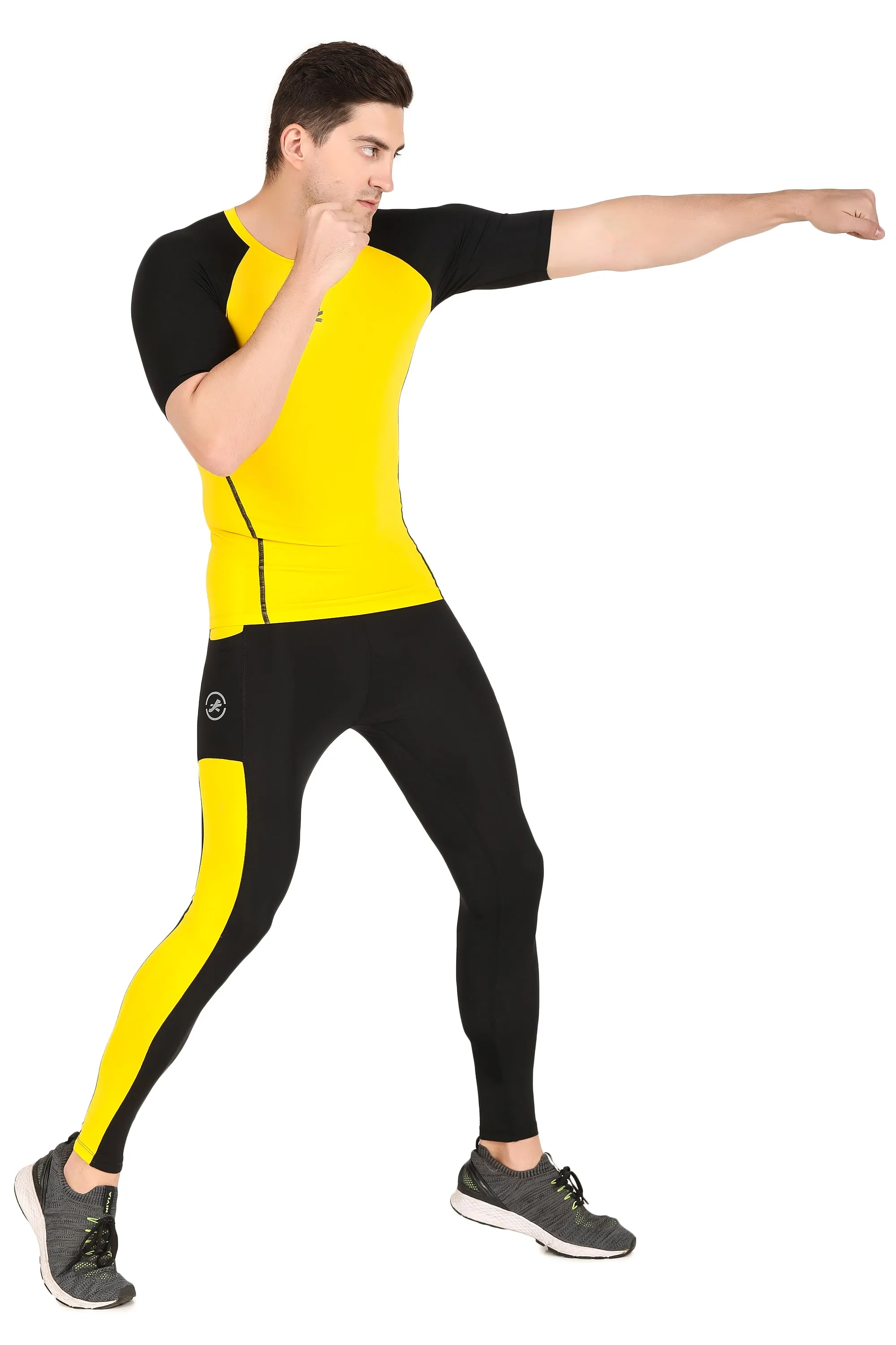 Men's Nylon Compression Tshirt Half Sleeve Tights (Yellow/Black)
