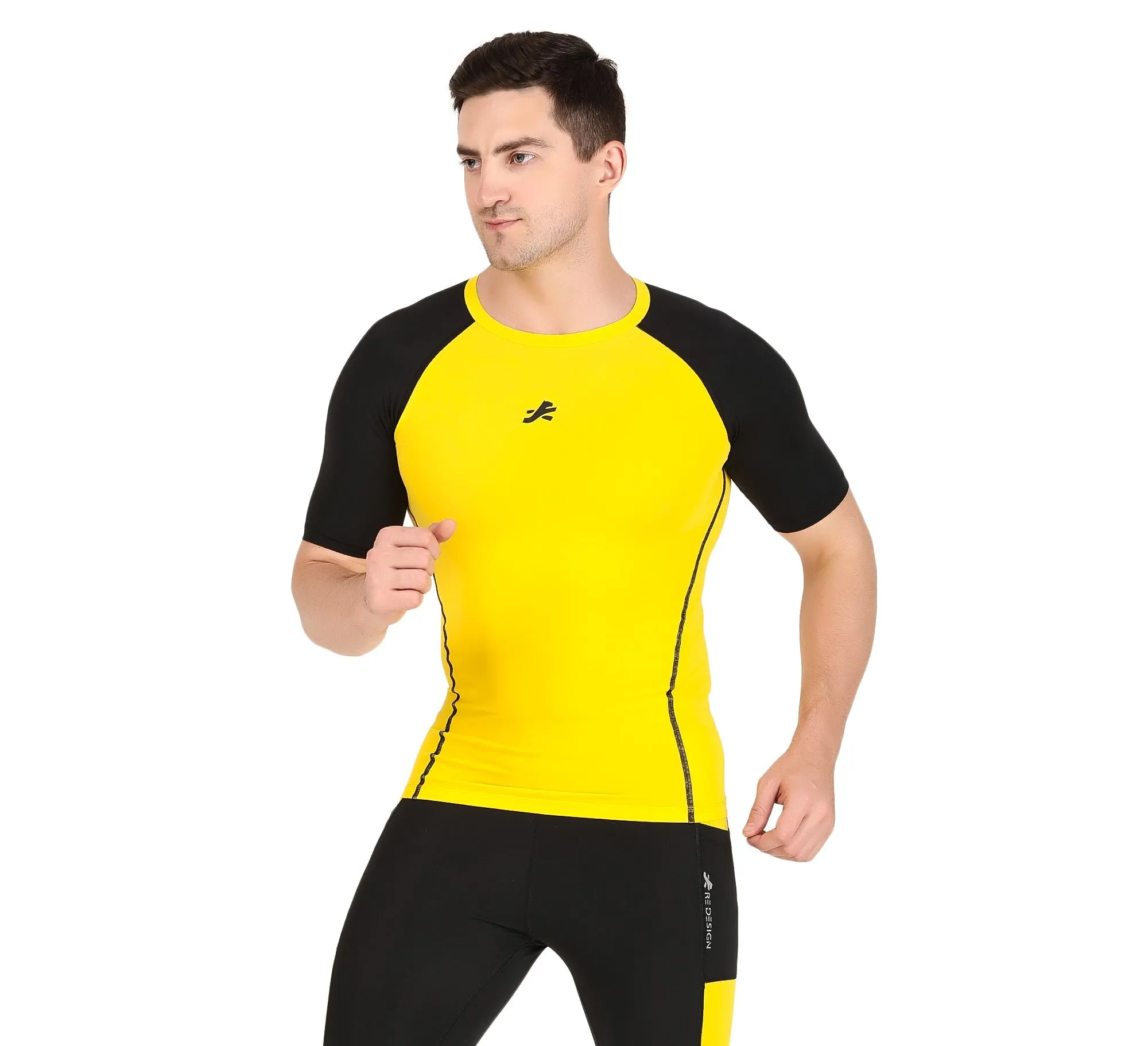 Men's Nylon Compression Tshirt Half Sleeve Tights (Yellow/Black)