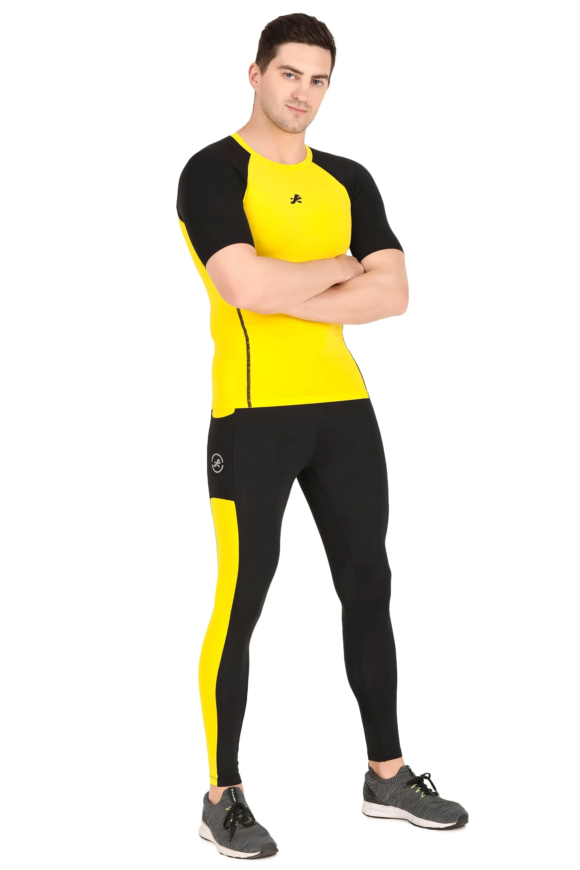 Men's Nylon Compression Tshirt Half Sleeve Tights (Yellow/Black)