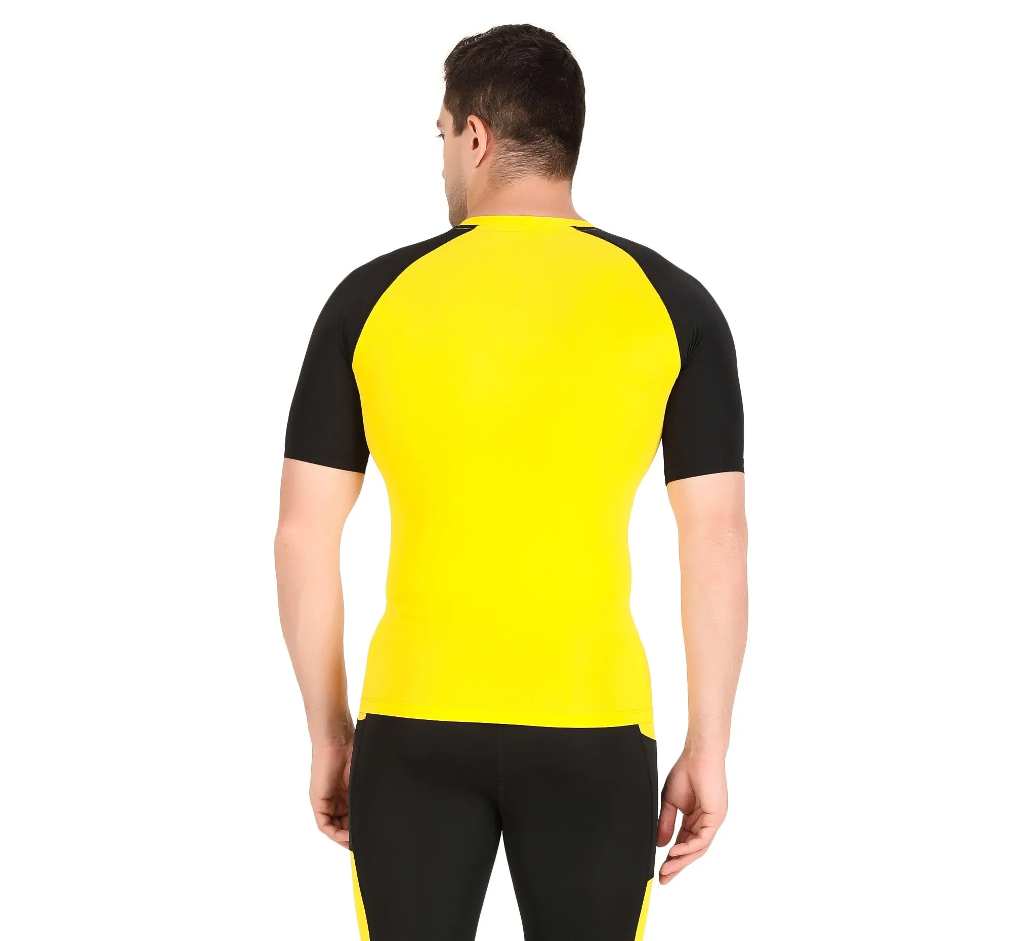 Men's Nylon Compression Tshirt Half Sleeve Tights (Yellow/Black)