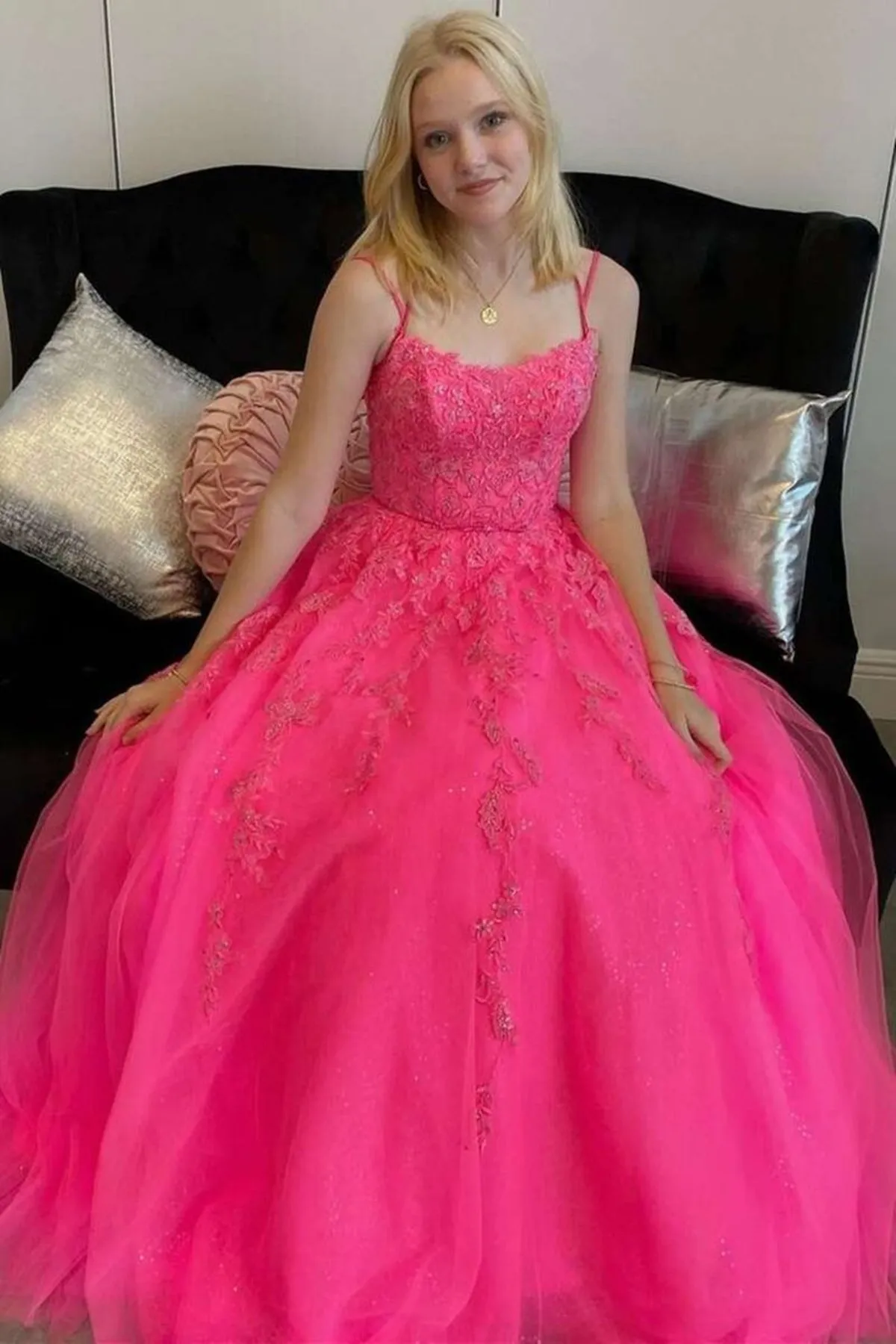 Open Back Hot Pink Tulle Lace Long Prom Dresses, Hot Pink Lace Formal Graduation Evening Dresses