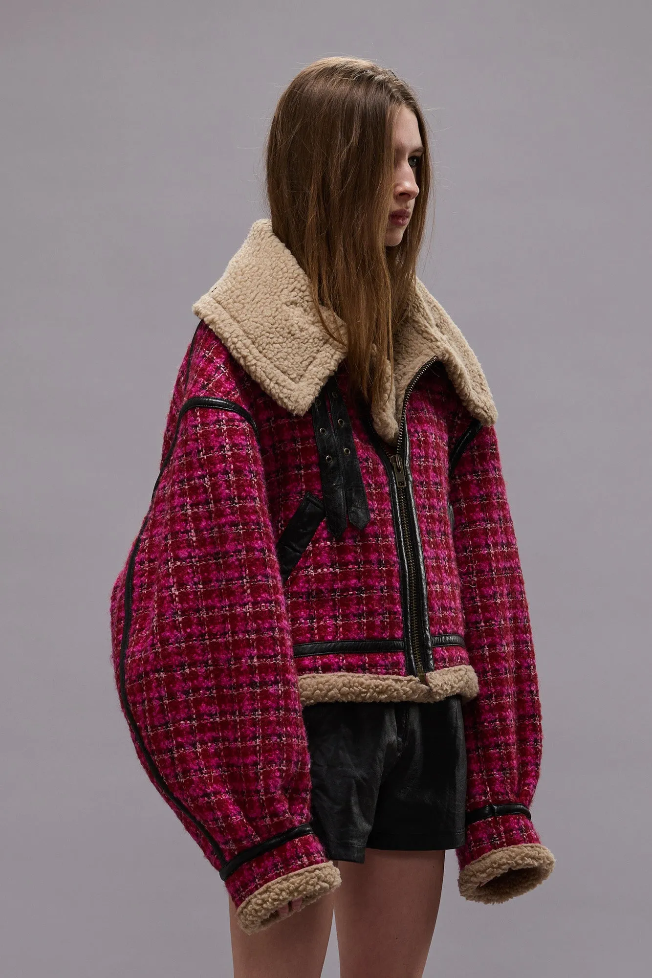 OVERSIZED AVIATOR JACKET - RASPBERRY TWEED