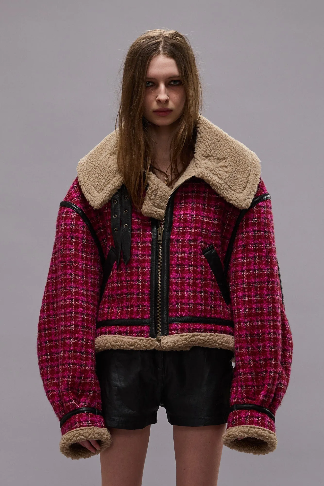 OVERSIZED AVIATOR JACKET - RASPBERRY TWEED