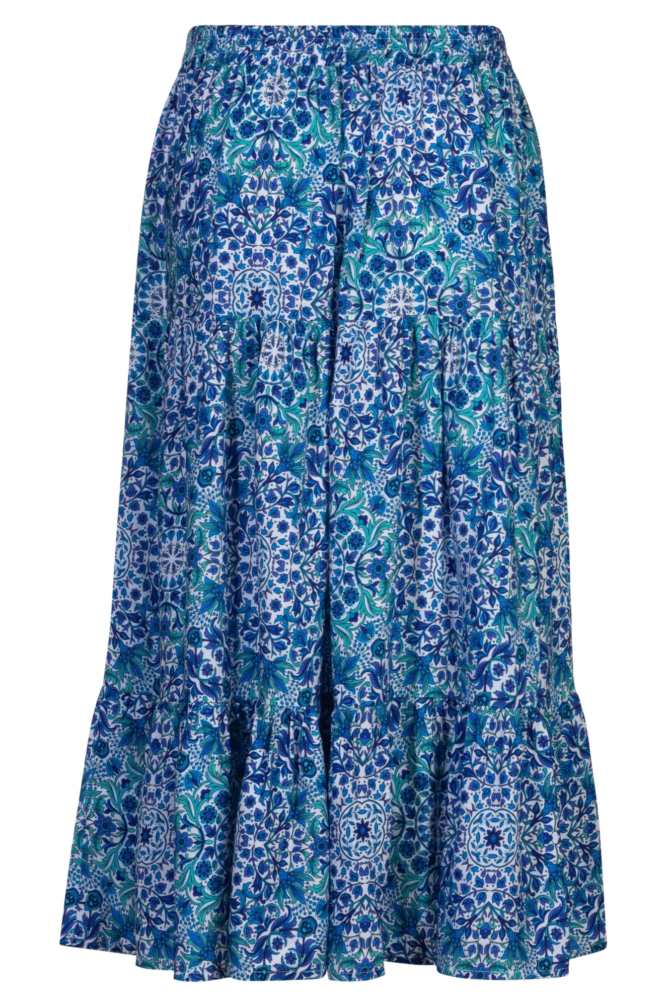 Pull on elastic waist Tiered Skirt | Blues Sage Vine | 3367A1