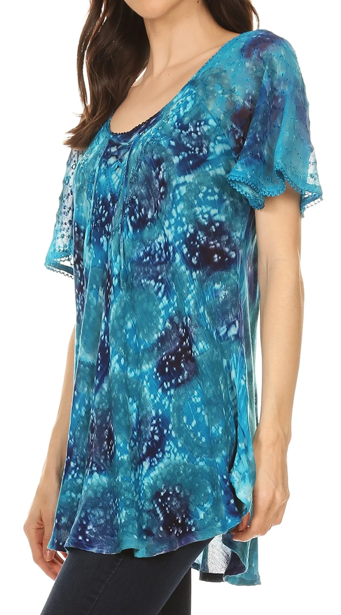 Sakkas Lena Tie-dye Short Sleeve Blouse Top with Crochet Lace and Embroidery