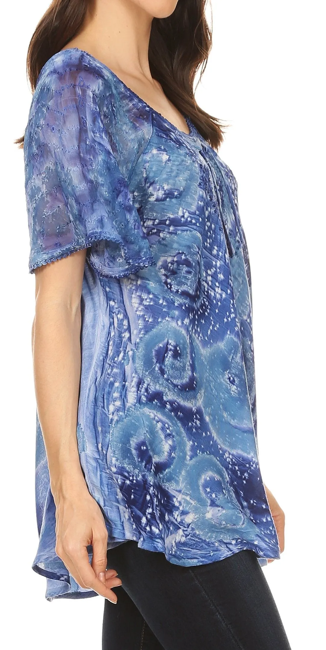 Sakkas Lena Tie-dye Short Sleeve Blouse Top with Crochet Lace and Embroidery