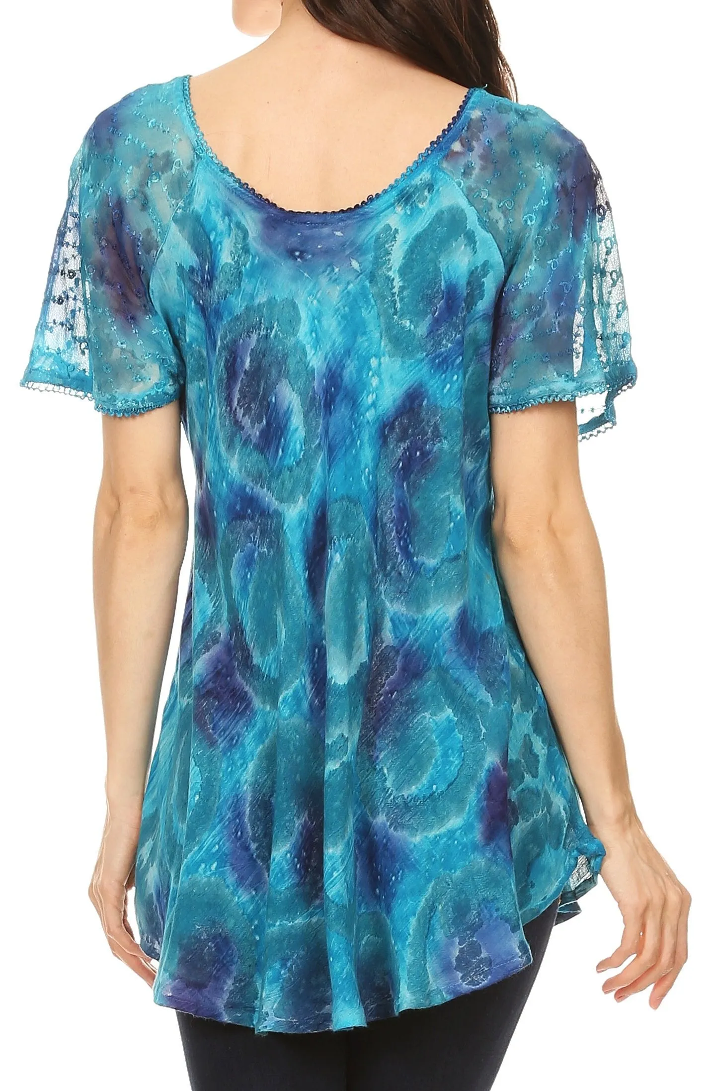 Sakkas Lena Tie-dye Short Sleeve Blouse Top with Crochet Lace and Embroidery