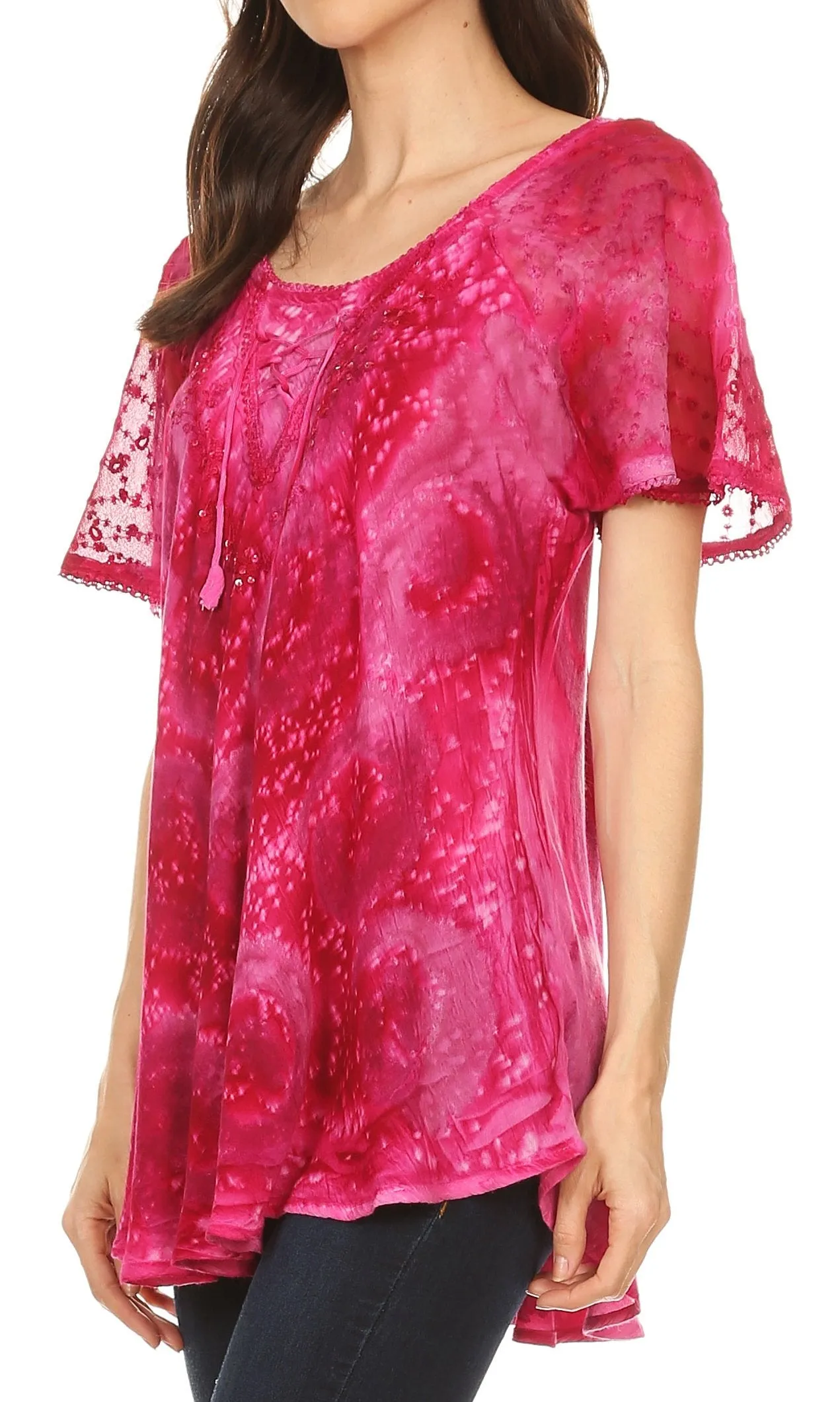Sakkas Lena Tie-dye Short Sleeve Blouse Top with Crochet Lace and Embroidery