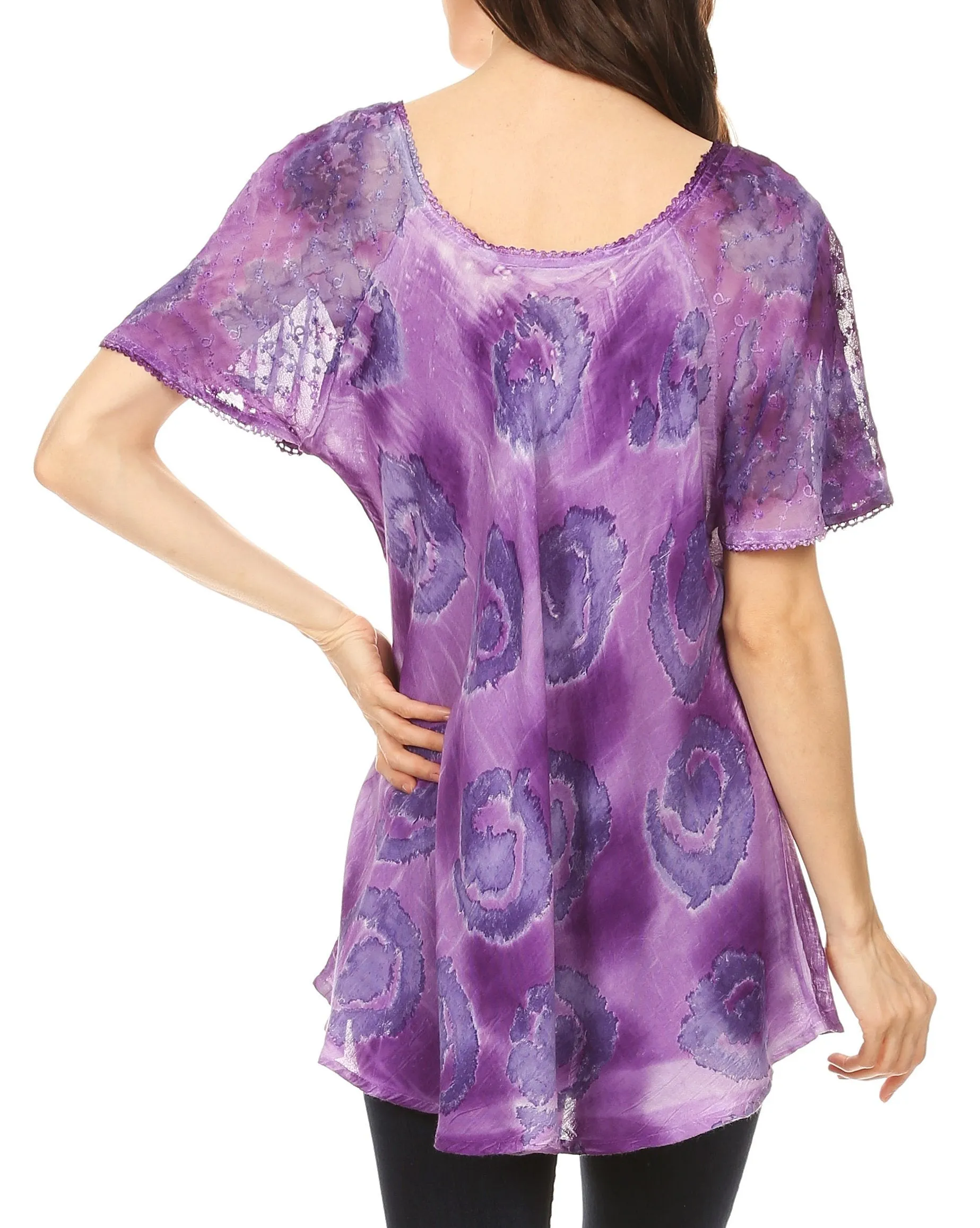 Sakkas Lena Tie-dye Short Sleeve Blouse Top with Crochet Lace and Embroidery