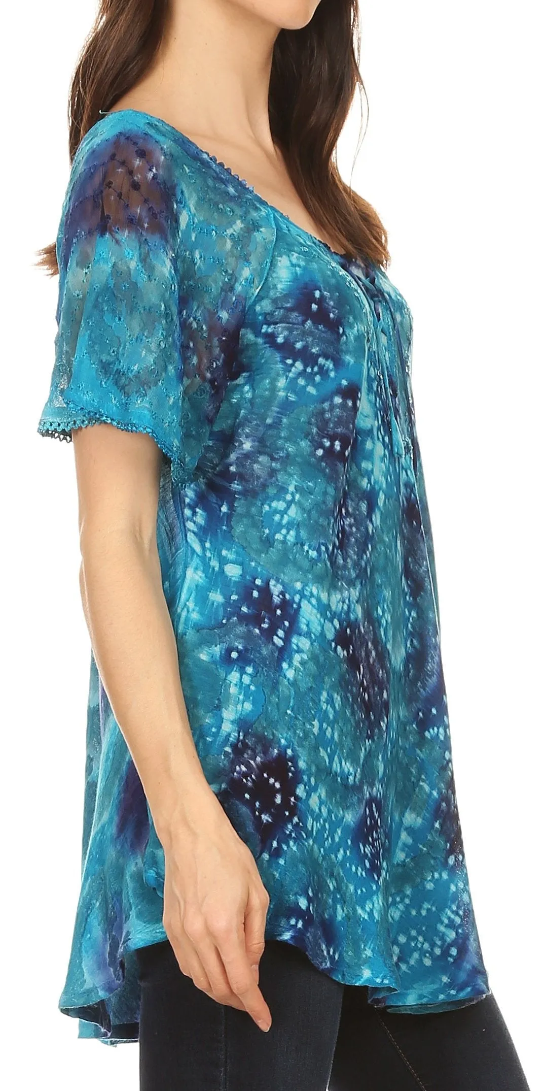 Sakkas Lena Tie-dye Short Sleeve Blouse Top with Crochet Lace and Embroidery