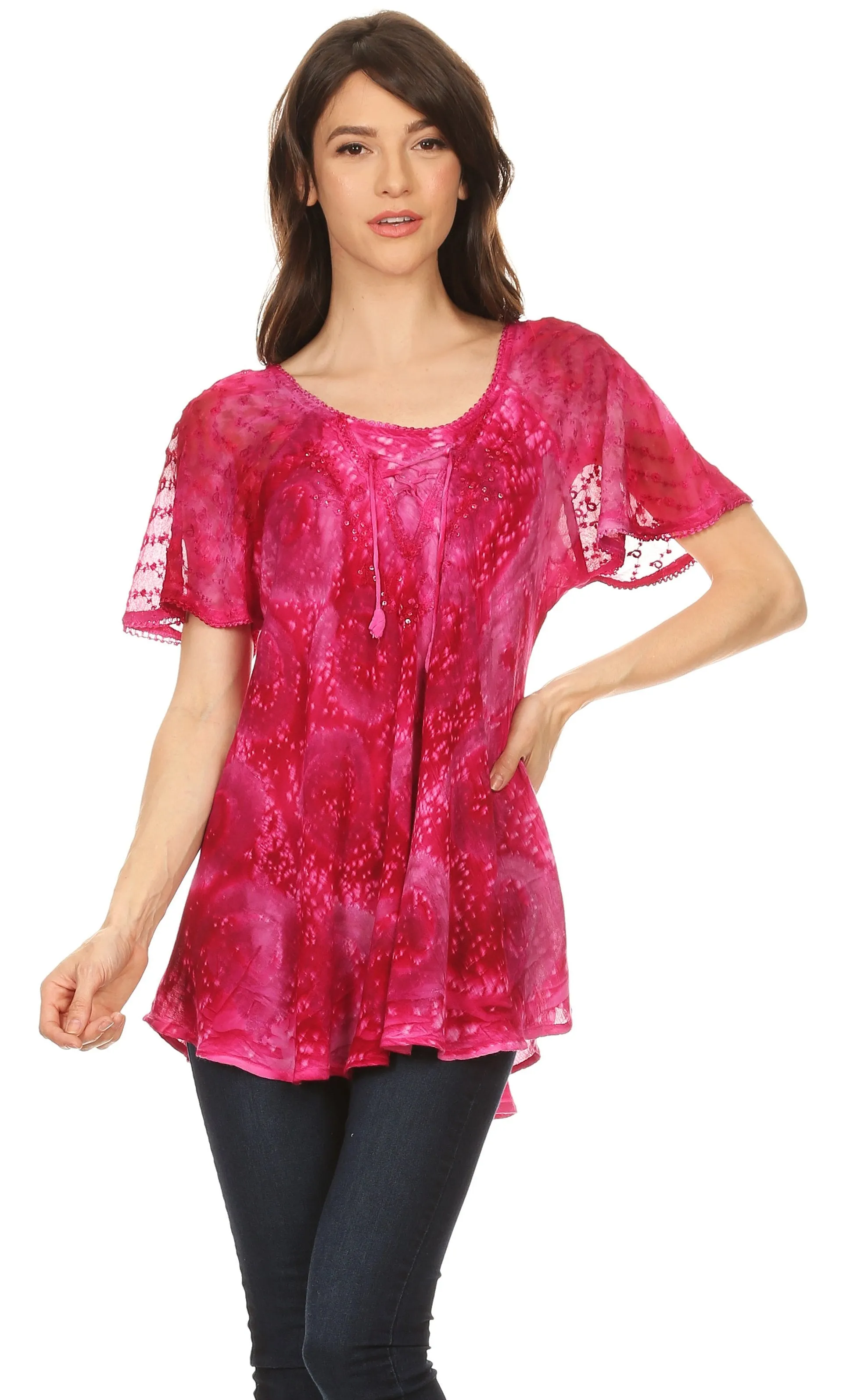 Sakkas Lena Tie-dye Short Sleeve Blouse Top with Crochet Lace and Embroidery