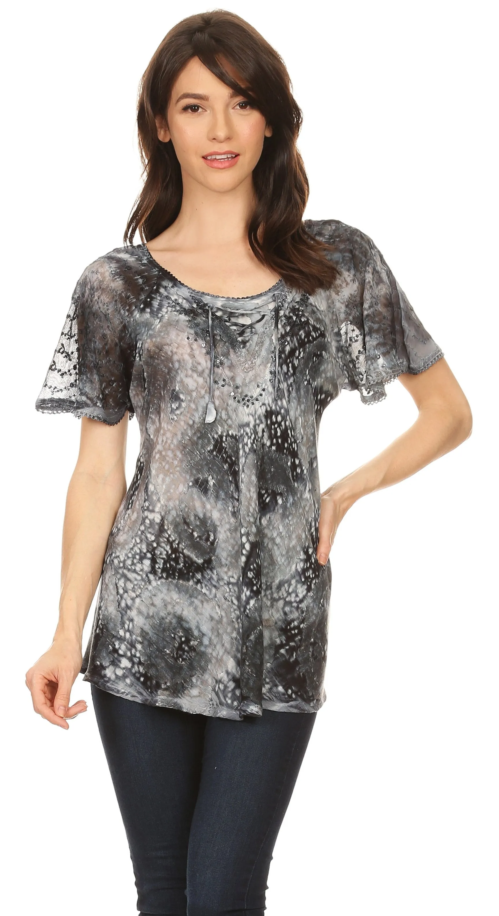 Sakkas Lena Tie-dye Short Sleeve Blouse Top with Crochet Lace and Embroidery