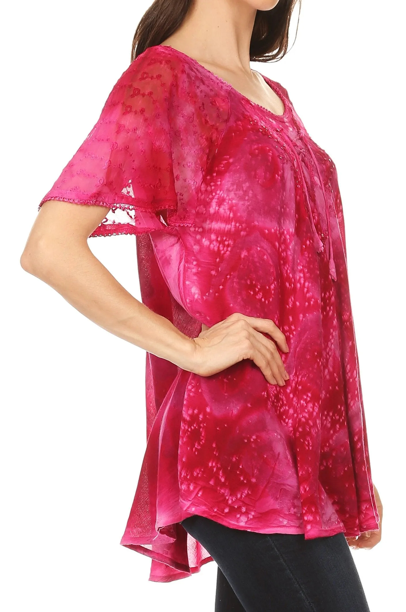 Sakkas Lena Tie-dye Short Sleeve Blouse Top with Crochet Lace and Embroidery