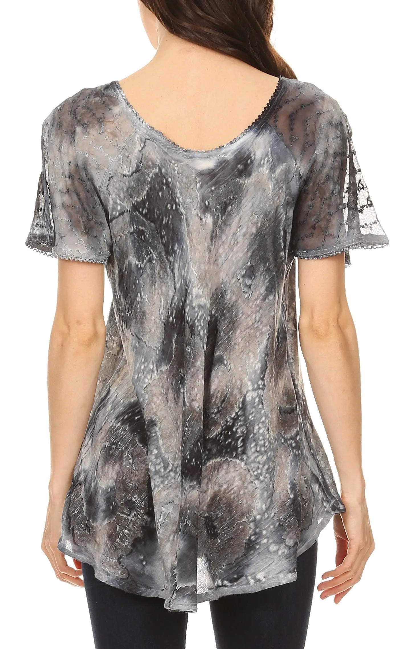 Sakkas Lena Tie-dye Short Sleeve Blouse Top with Crochet Lace and Embroidery