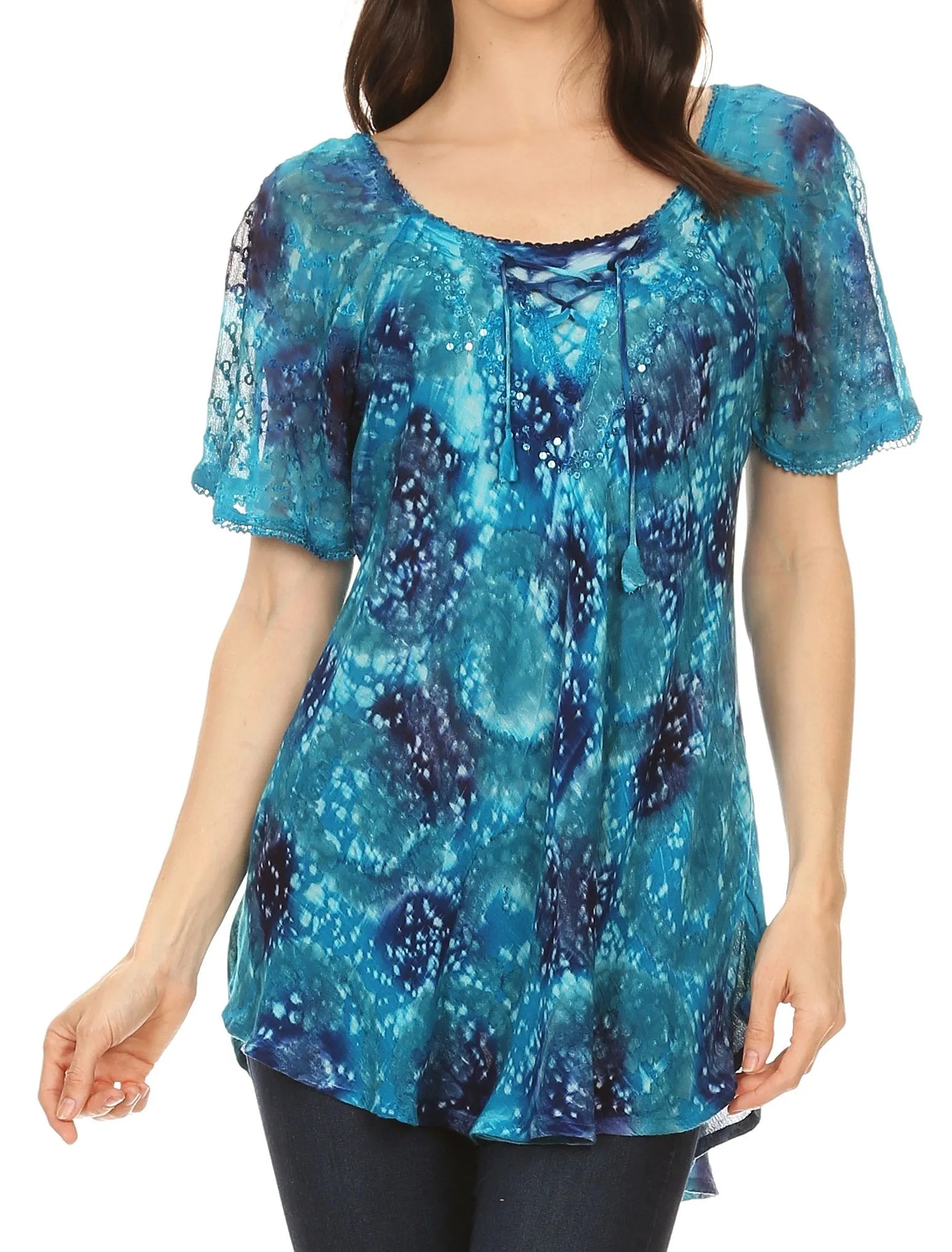 Sakkas Lena Tie-dye Short Sleeve Blouse Top with Crochet Lace and Embroidery