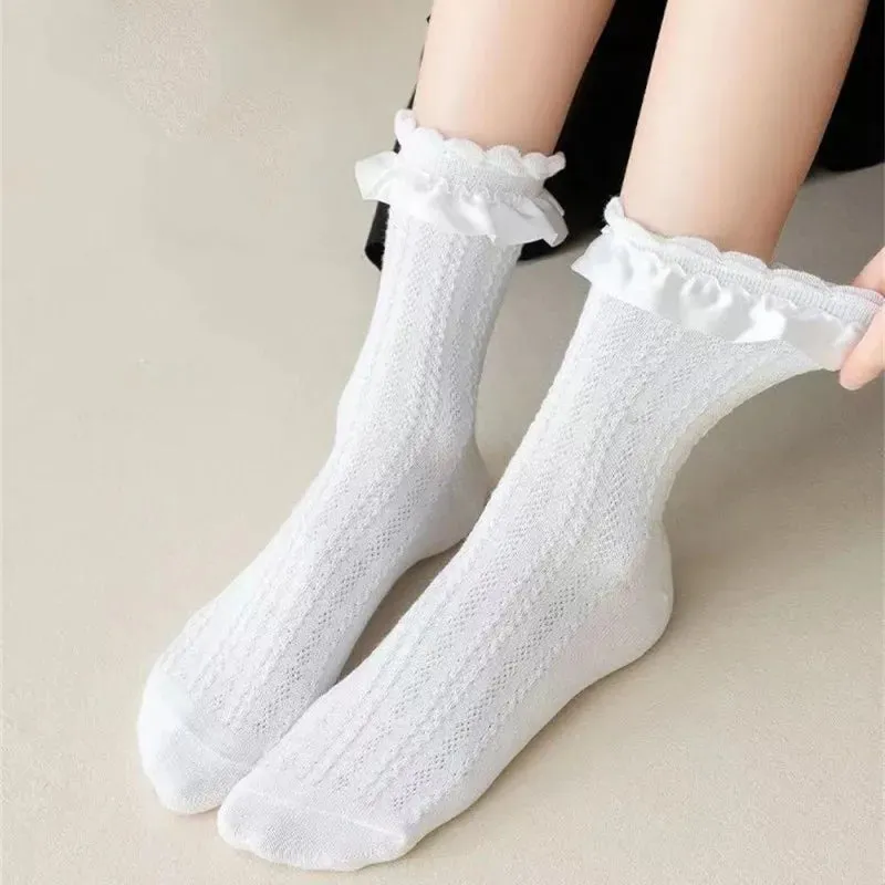 Sohiwoo 1 Pair Woman Lace Short Trend Sweet Socks Japanese Maiden Lovely Ruffle Cotton Lolita Style Princess Socks Y2k Leg Warmers Set