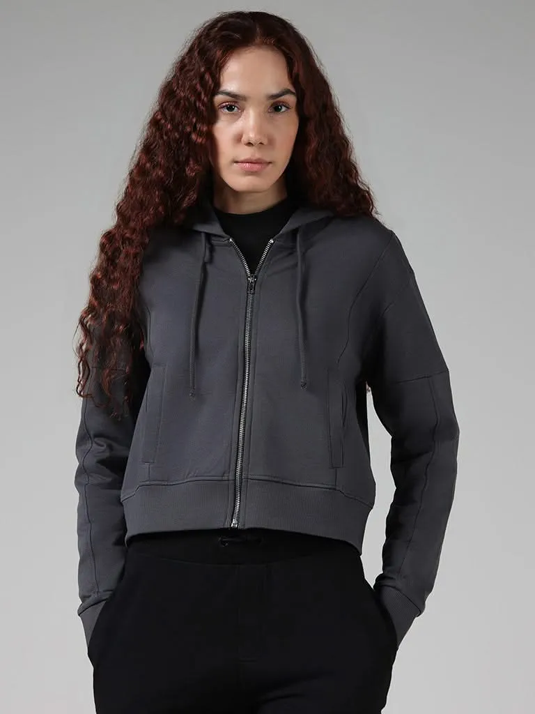 Studiofit Solid Charcoal Grey Cotton Crop Hoodie Jacket