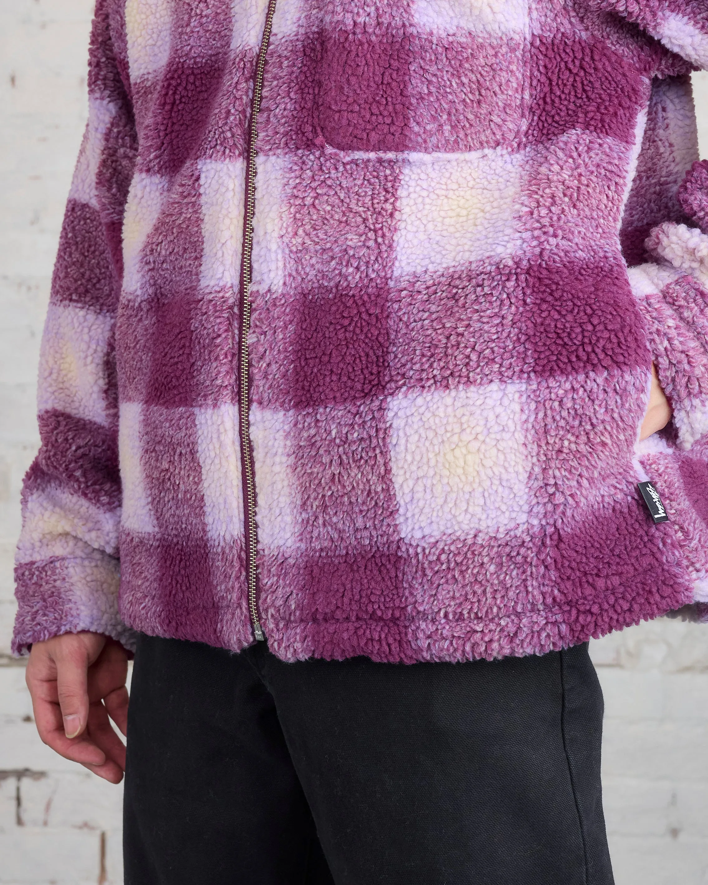 Stussy Zip Sherpa Shadow Plaid Jacket Berry