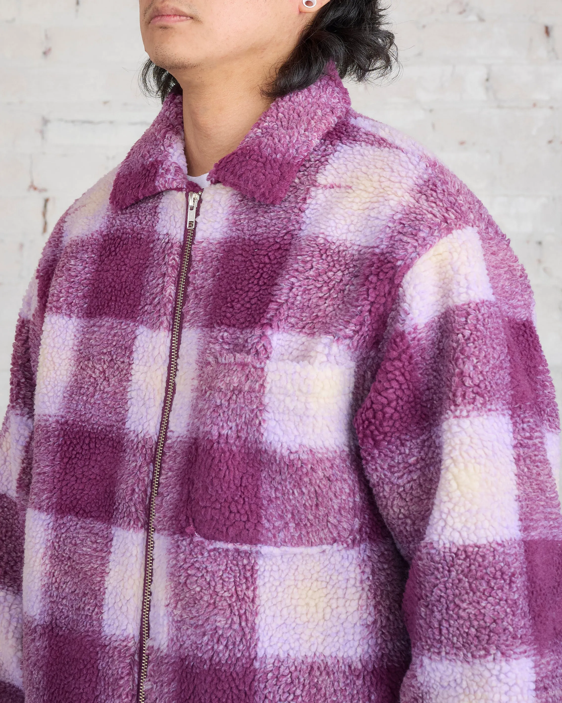 Stussy Zip Sherpa Shadow Plaid Jacket Berry