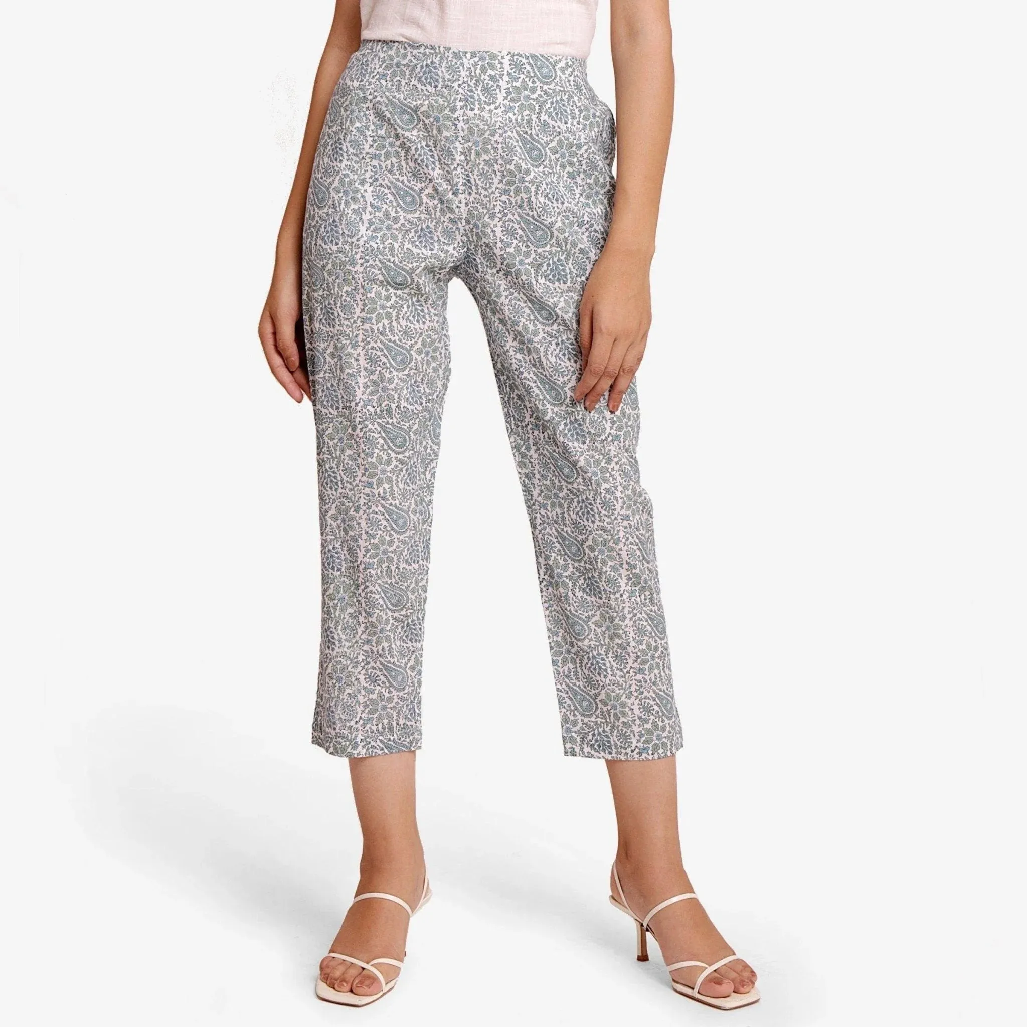 Teal Floral Block Printed Cotton Cigarette Pant