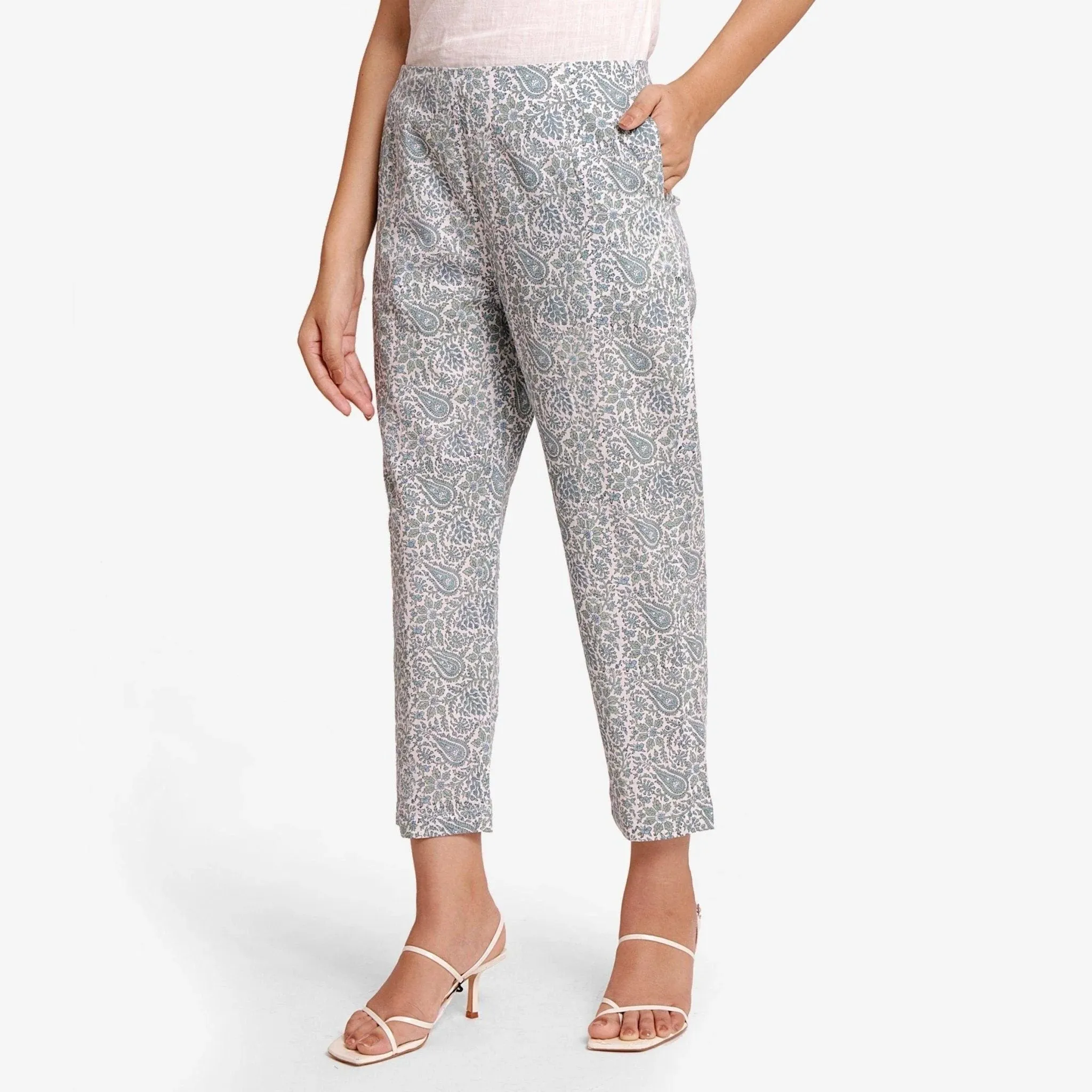 Teal Floral Block Printed Cotton Cigarette Pant