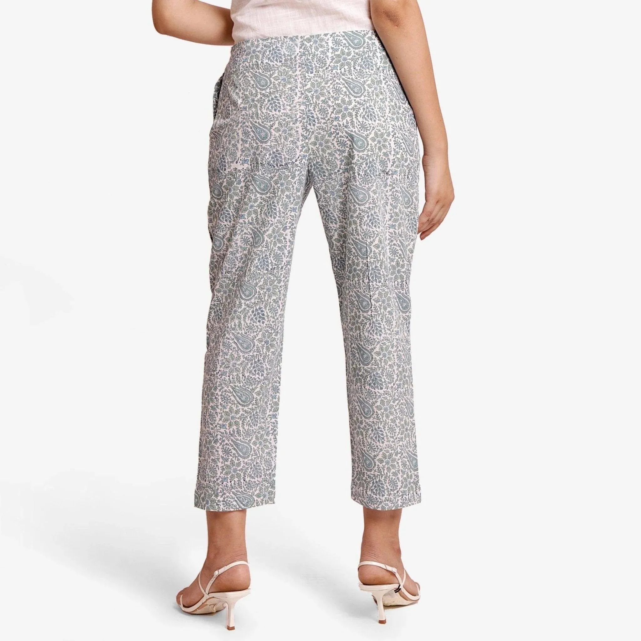 Teal Floral Block Printed Cotton Cigarette Pant