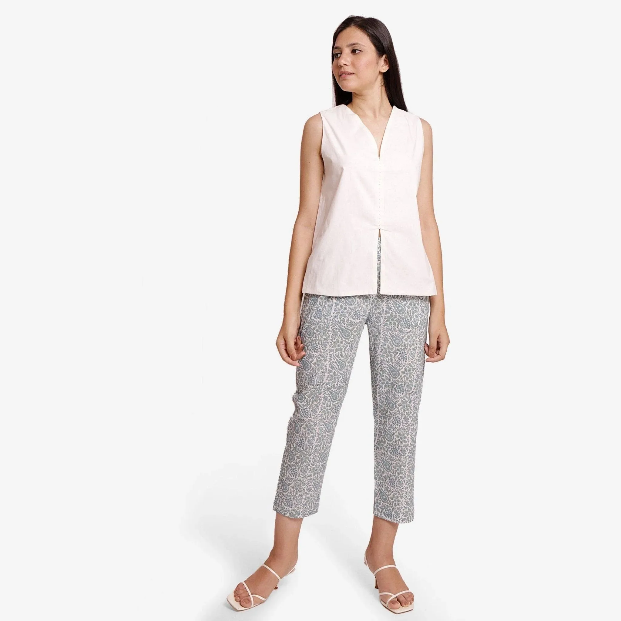 Teal Floral Block Printed Cotton Cigarette Pant
