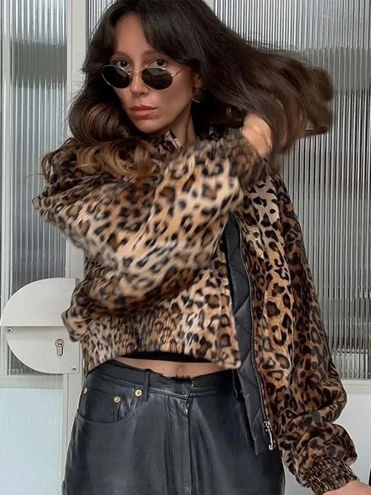 Vanity Leopard Print Zipper Long Sleeve Cropped Coat