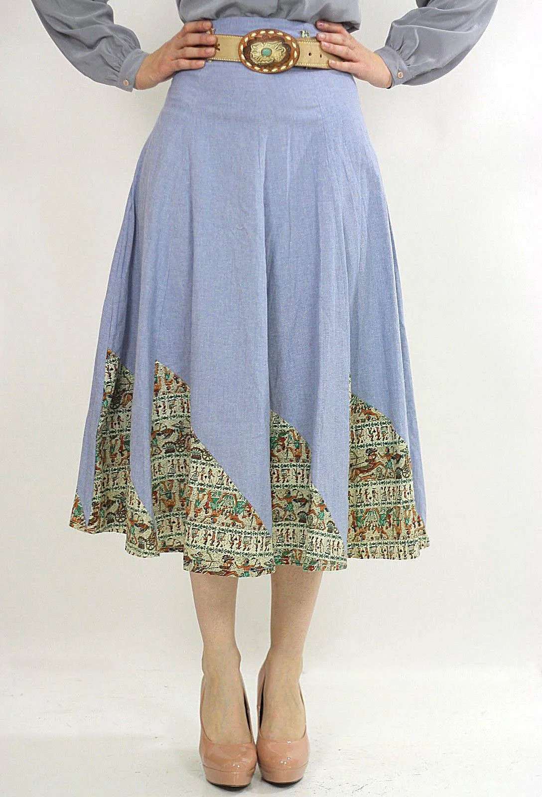 Vintage 70s Boho blue chambray patchwork maxi skirt
