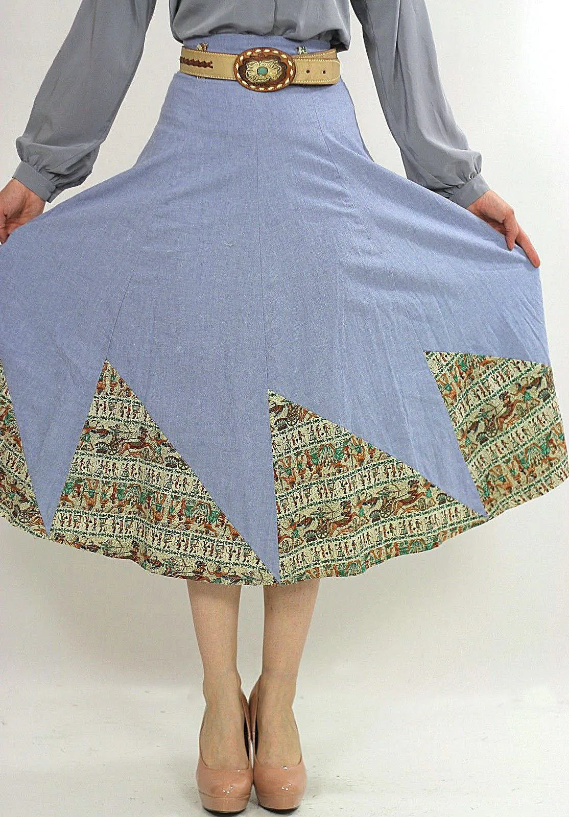 Vintage 70s Boho blue chambray patchwork maxi skirt
