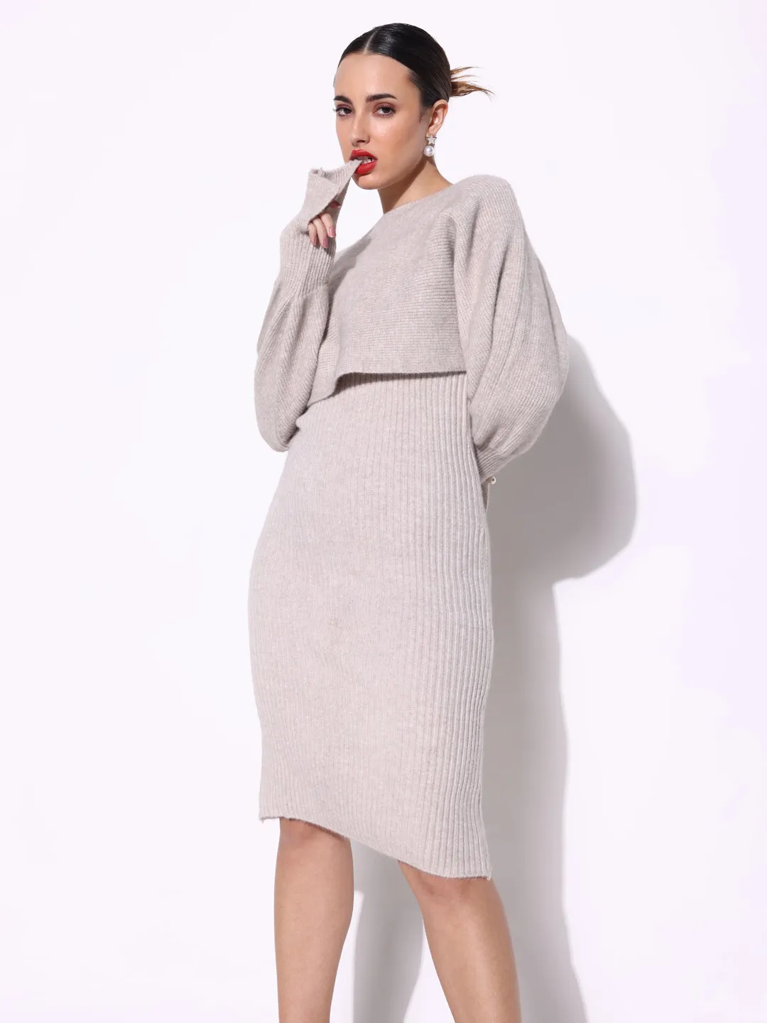 Women Solid Cream Bodycon Dress with Top