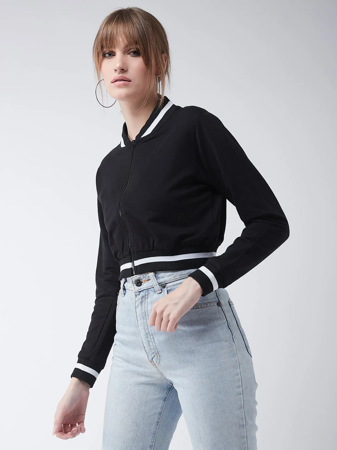 Women's Black V-Neck Full Sleeves Loop knit, Rib Solid Bomber Cropped Jacket