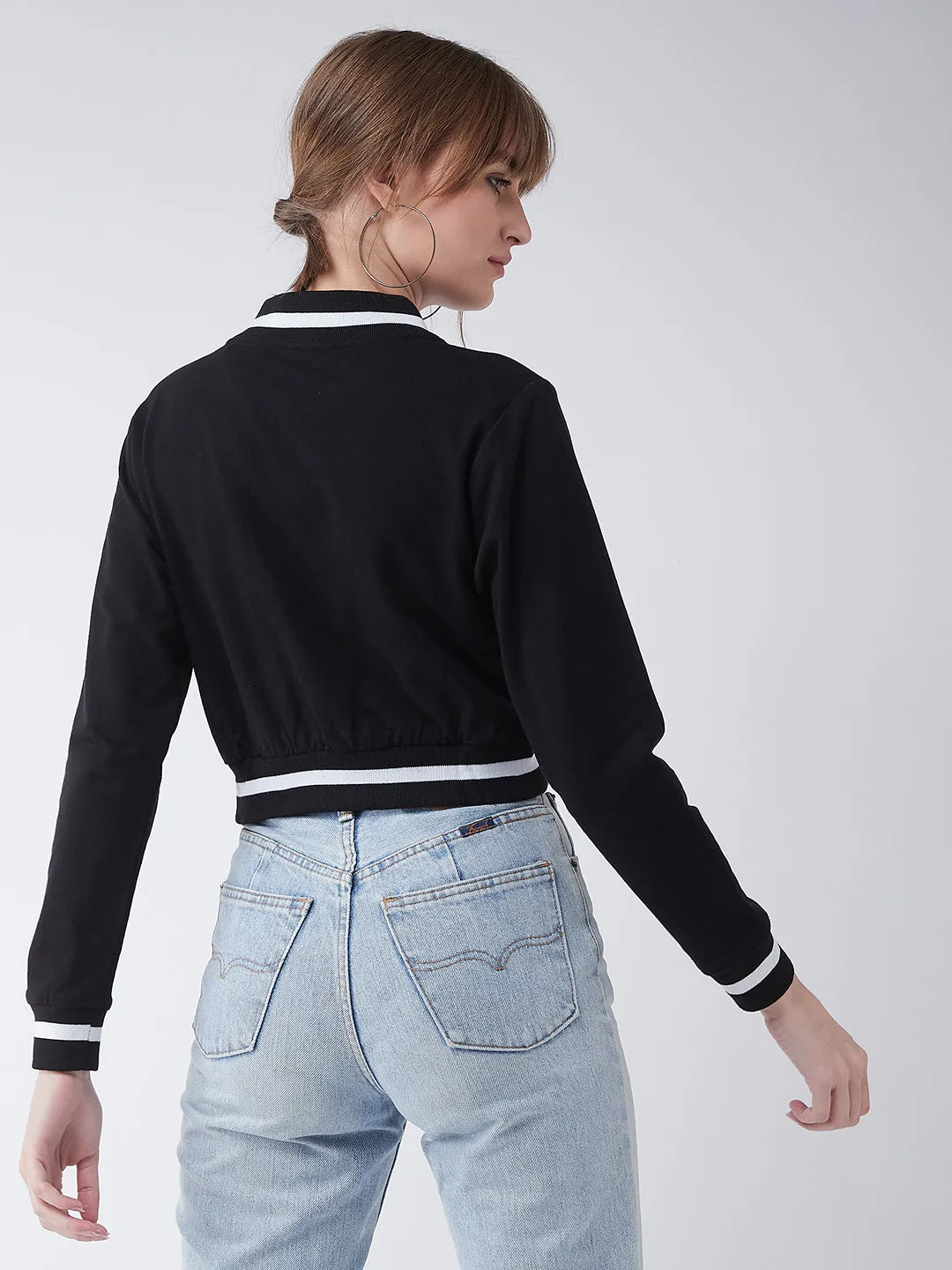 Women's Black V-Neck Full Sleeves Loop knit, Rib Solid Bomber Cropped Jacket