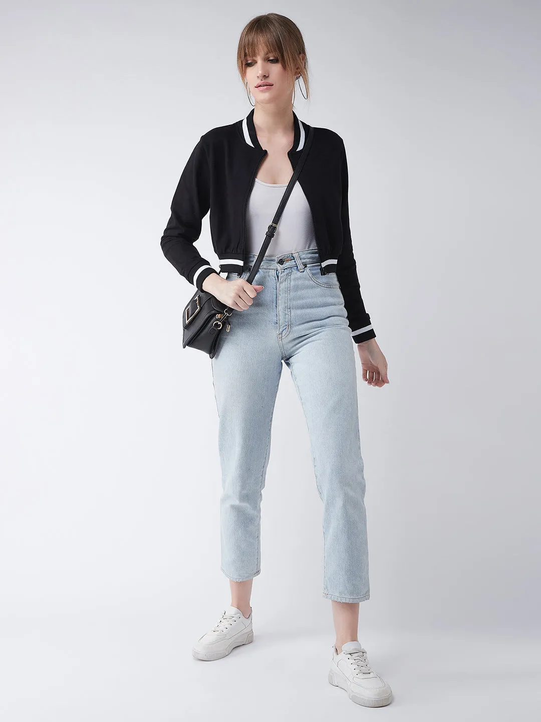 Women's Black V-Neck Full Sleeves Loop knit, Rib Solid Bomber Cropped Jacket