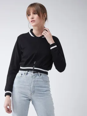 Women's Black V-Neck Full Sleeves Loop knit, Rib Solid Bomber Cropped Jacket