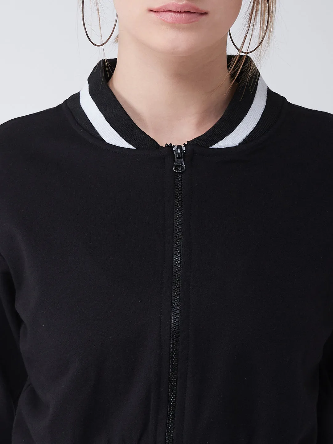 Women's Black V-Neck Full Sleeves Loop knit, Rib Solid Bomber Cropped Jacket