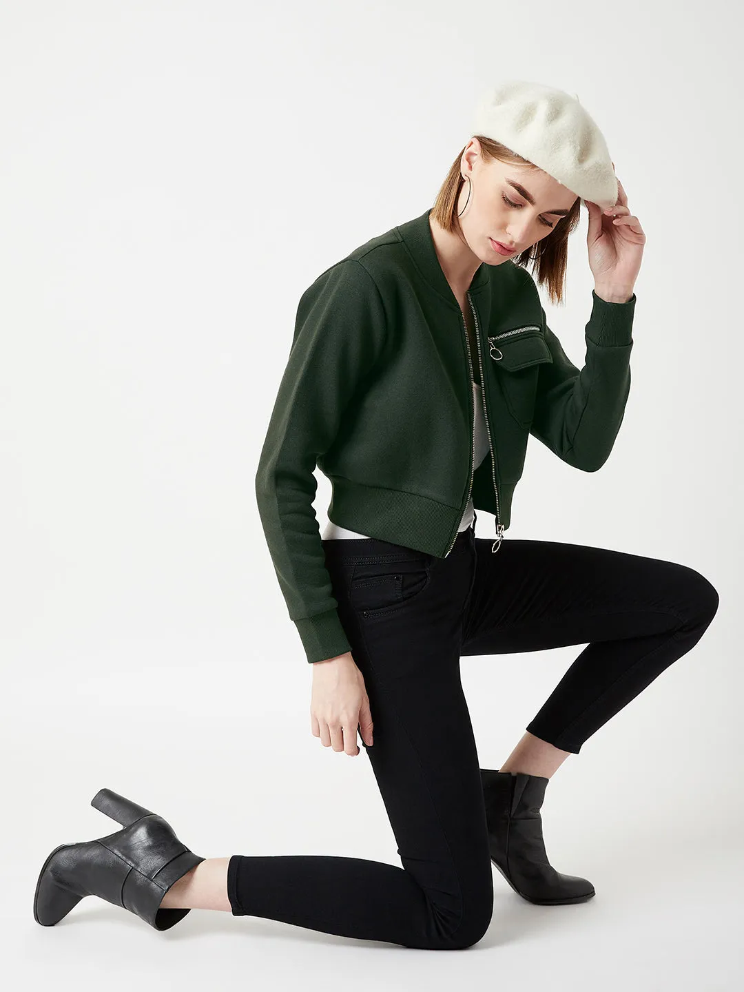 Women's Green Stand Collar Full Sleeves Cotton Boxy/Bomber Cropped Jacket