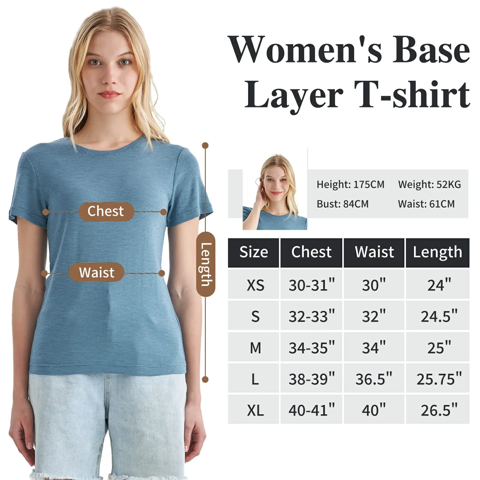 Women's Merino 200g Short Sleeve T-Shirt Blue Gray Stripes